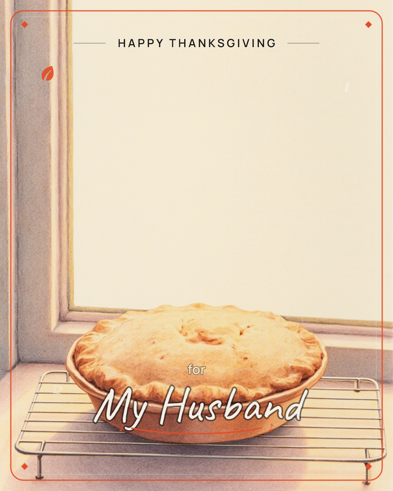 A freshly baked pie with a golden, crimped crust cools on a wire rack set on a windowsill, a thanksgiving e-card design