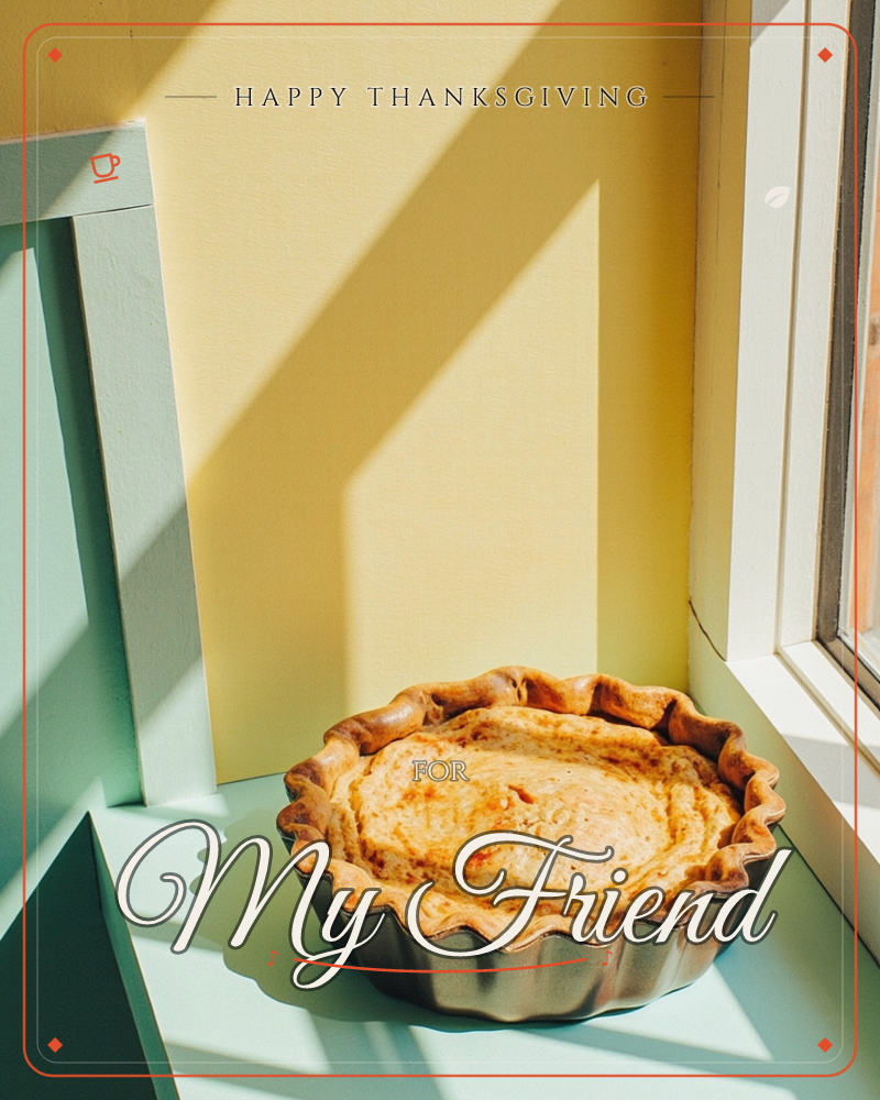 A freshly baked pie with a fluted golden crust sits cooling on a mint-green windowsill, sunlight slanting in sharp diagonal bars across the buttery…, a thanksgiving e-card design