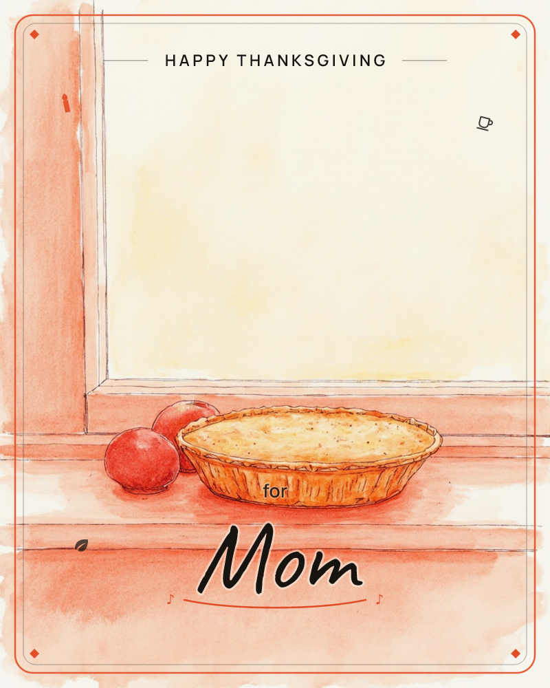 A golden-crusted pie cools on a warm terracotta windowsill, flanked by two ripe red apples, while soft yellow light glows through the windowpane behind it, a thanksgiving e-card design