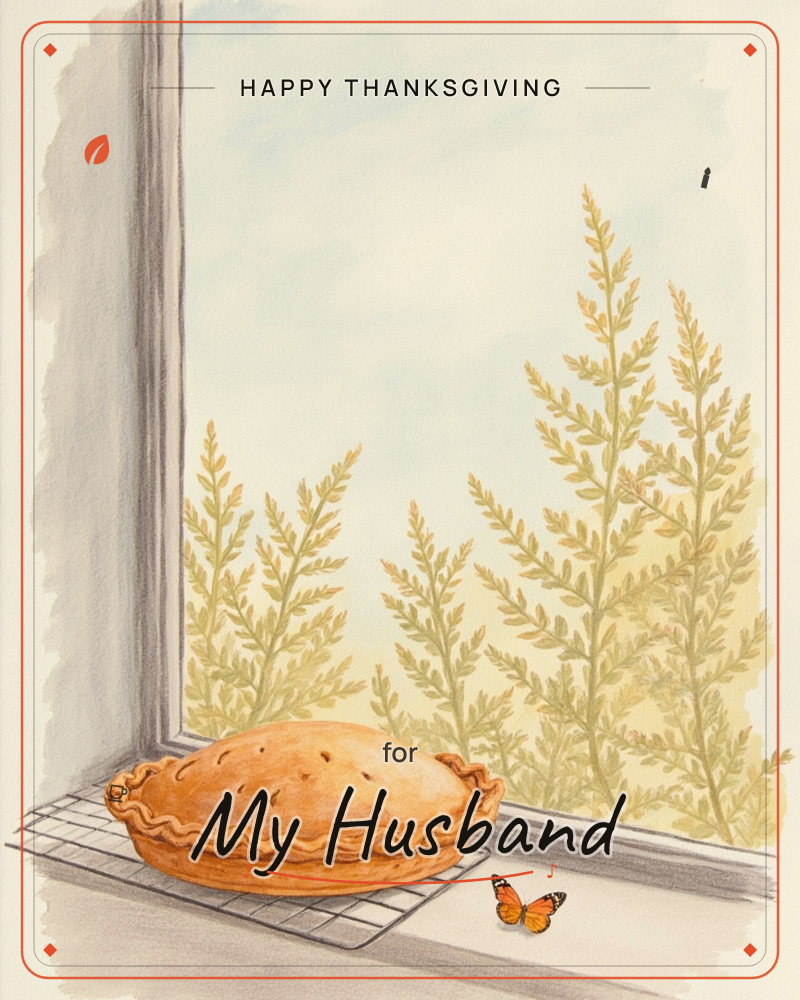 A golden-crusted pie cools on a wire rack in an open windowsill, its fluted edge and vented top rendered in warm watercolour browns, a thanksgiving e-card design