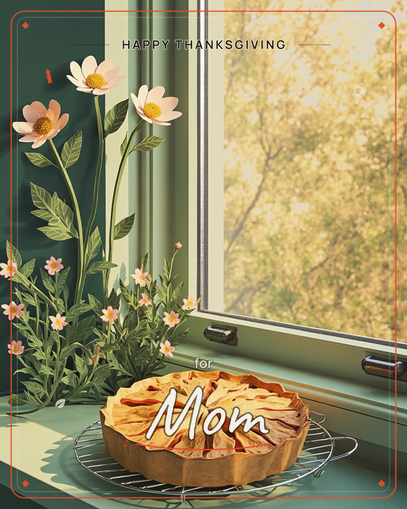 A freshly baked lattice-topped pie cools on a wire rack along a windowsill, golden autumn light streaming through the glass and illuminating a blur of…, a thanksgiving e-card design