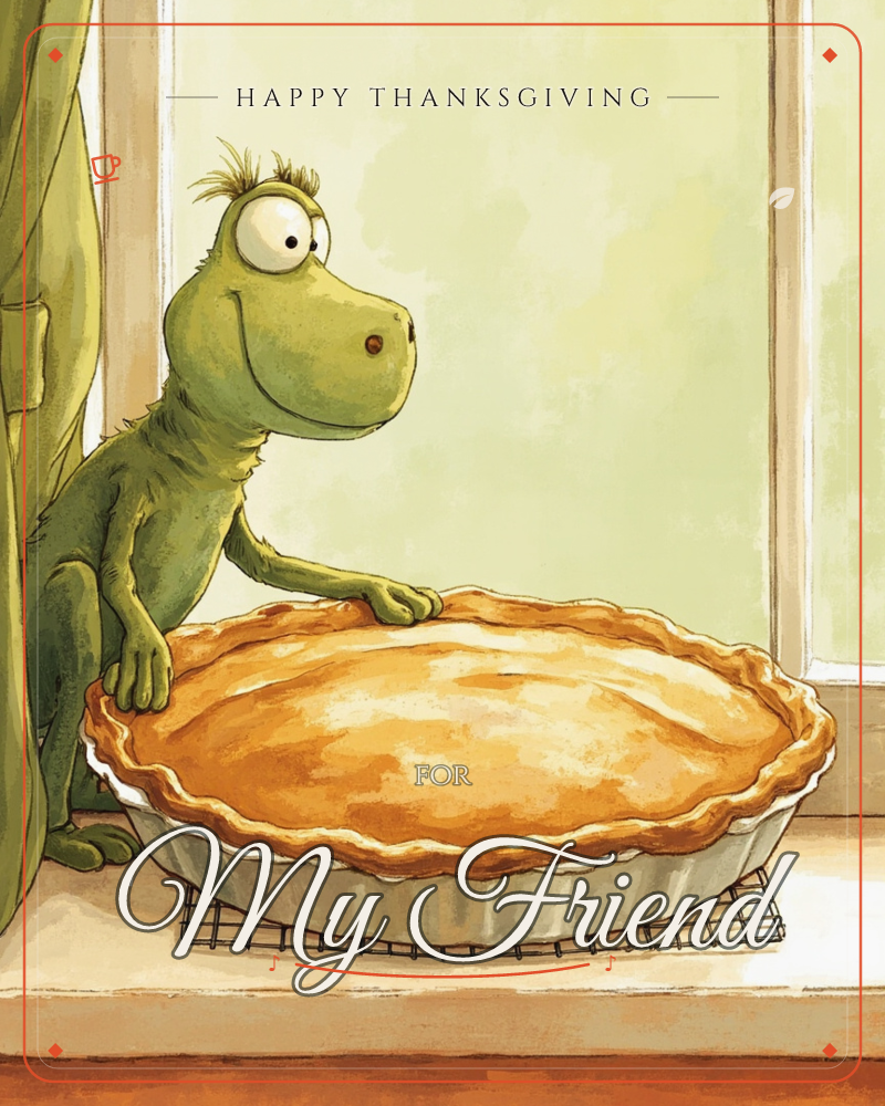 A wide-eyed green creature peeks around a curtain at a freshly baked pie cooling on a windowsill, one clawed hand resting on the crust as if about to…, a thanksgiving e-card design