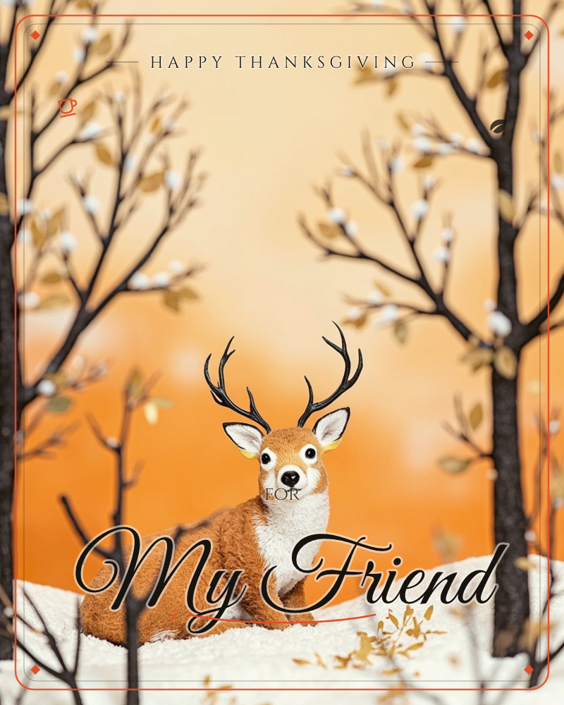 A model deer with dark antlers sits on a snowy mound between bare, black-branched trees dotted with small white berries and a few golden leaves, a thanksgiving e-card design