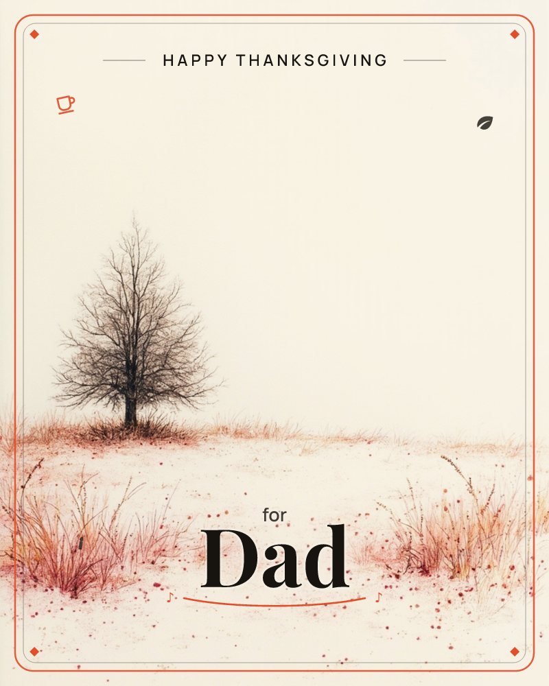 A single bare-branched tree stands alone on a pale, wintry field, its dark silhouette the only solid shape against a soft cream sky, a thanksgiving e-card design