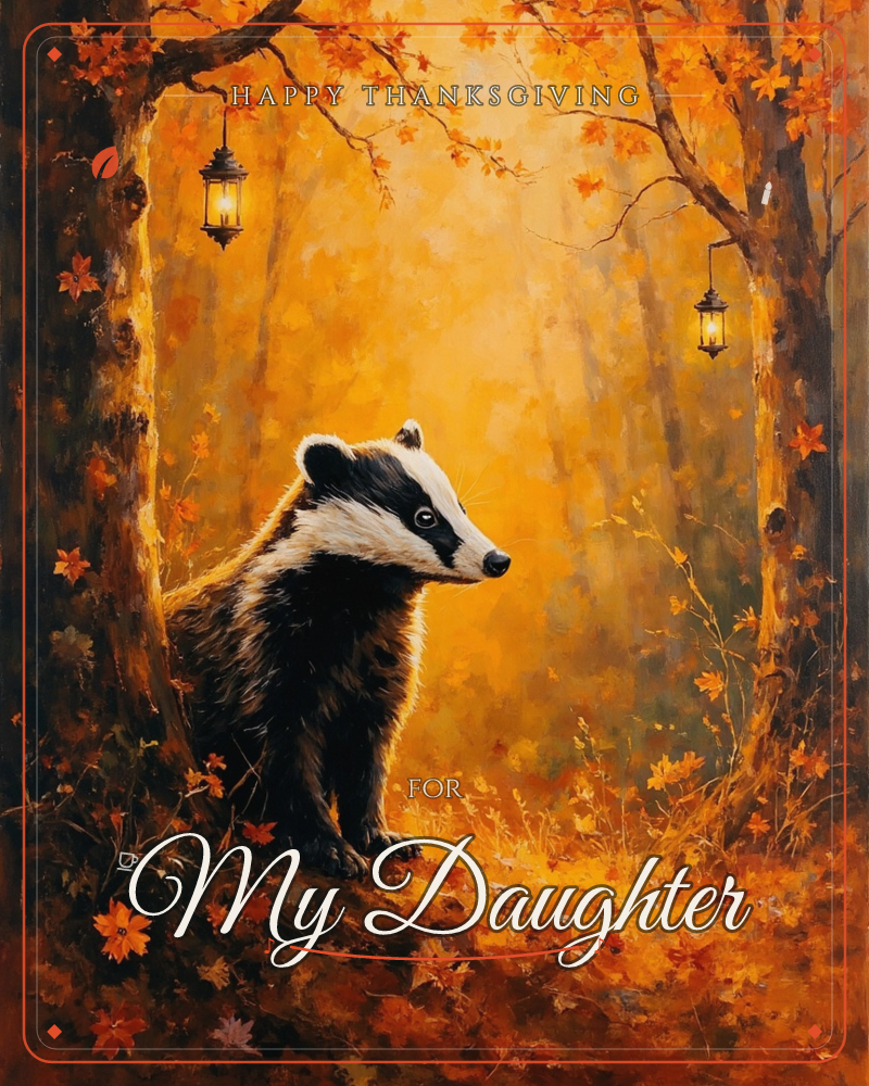 A badger stands alert on a leaf-strewn woodland floor, framed by two dark tree trunks hung with small glowing lanterns, a thanksgiving e-card design