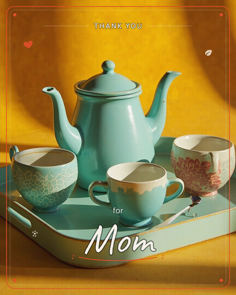 A glossy turquoise teapot with a curved spout sits on a matching tray alongside three mismatched floral teacups, all set against a mustard-yellow…, a thankyou e-card design
