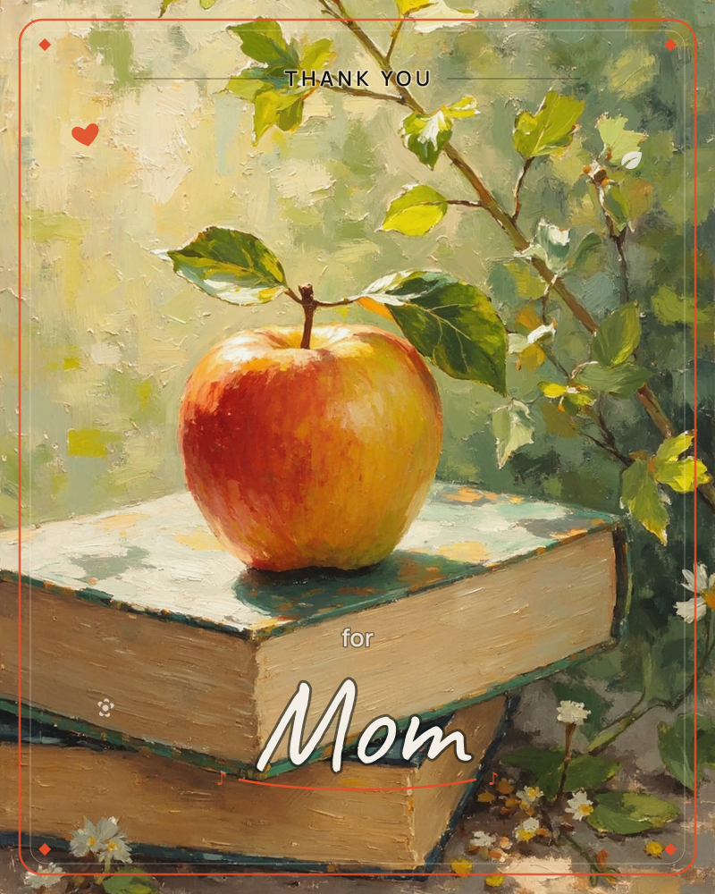 A single red-gold apple rests on a stack of two worn, leather-edged books, with a leafy branch arching overhead and small white flowers scattered at…, a thankyou e-card design