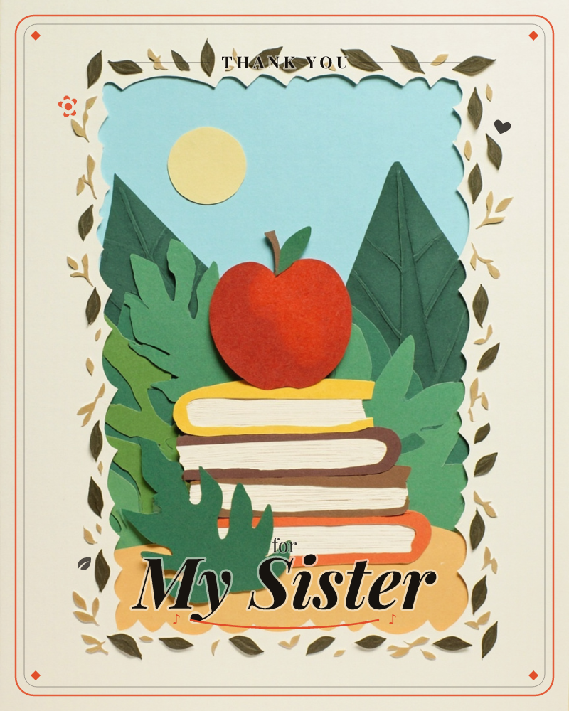 A paper-cut illustration shows a bright red apple perched on a stack of colourful books, set against a sky-blue backdrop with layered green trees and a…, a thankyou e-card design
