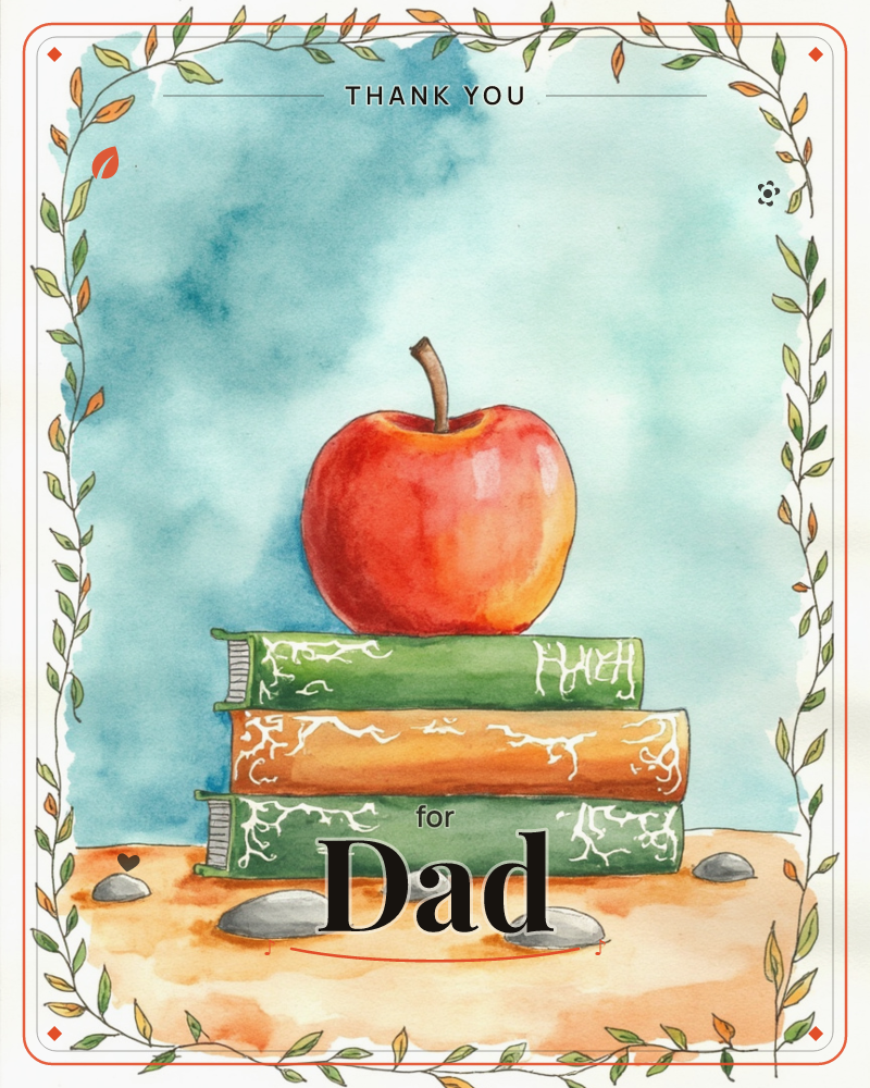 A glossy red apple sits atop a stack of three worn storybooks decorated with pale root-like scribbles, all resting on a warm sandy surface scattered…, a thankyou e-card design