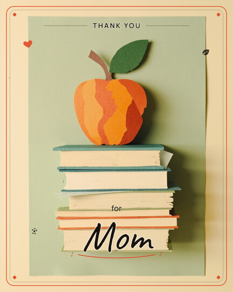 A paper-craft apple in layered orange and gold hues sits atop a stacked pile of books with teal and coral edges, all set against a soft sage background, a thankyou e-card design
