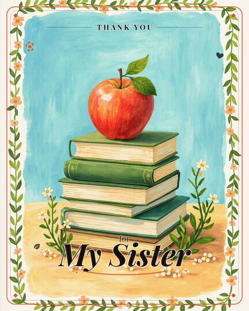 A stack of green-bound books sits on a sandy surface against a sky-blue backdrop, topped with a single glossy red apple and its leafy stem, a thankyou e-card design