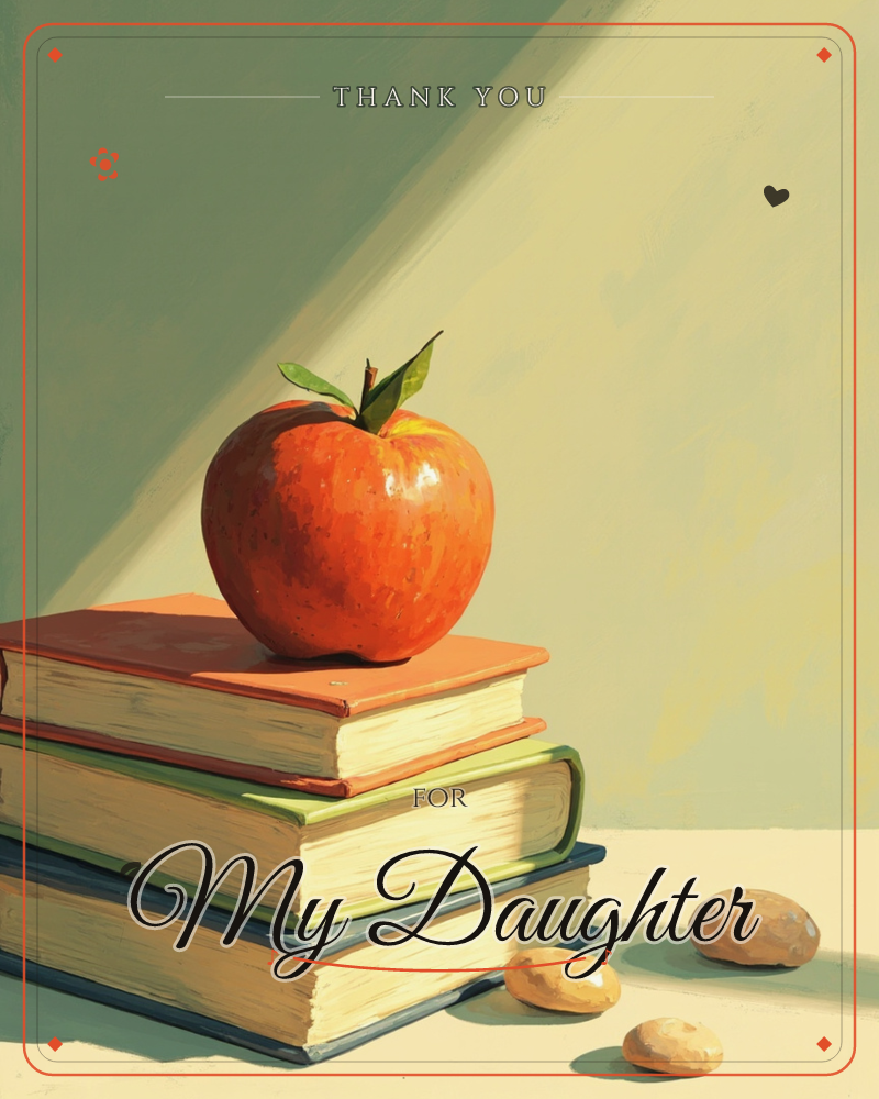 A glossy red apple with two green leaves sits atop a stack of three hardback books in orange, green and navy covers, warm sunlight slanting across a…, a thankyou e-card design