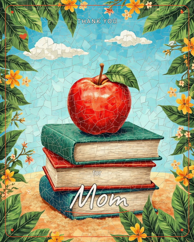 A glossy red apple sits atop a stack of three well-worn hardcover books, set against a bright blue sky with soft white clouds, all rendered in a…, a thankyou e-card design