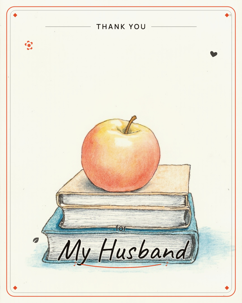 A blushed red-and-yellow apple sits balanced atop a small stack of two hardcover books, one tan-covered, one blue, rendered in fine pencil…, a thankyou e-card design