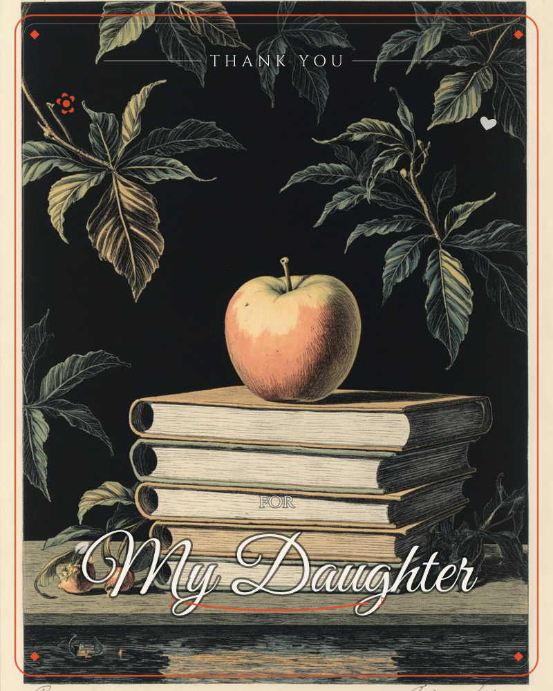 A blushed apple rests on top of a stack of five worn hardcover books, set on a dark ledge above still, reflective water, a thankyou e-card design