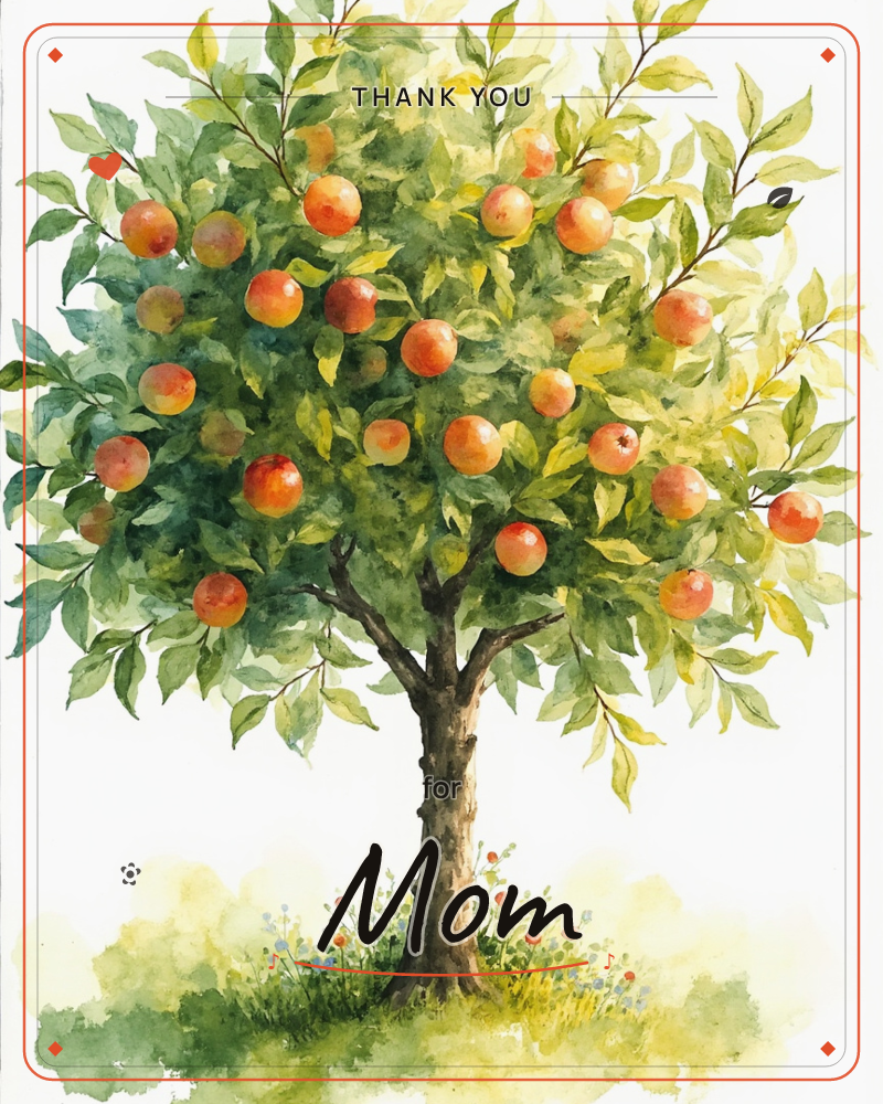 A watercolour apple tree stands alone against a plain white background, its rounded canopy heavy with orange-red fruit among green and gold leaves, a thankyou e-card design