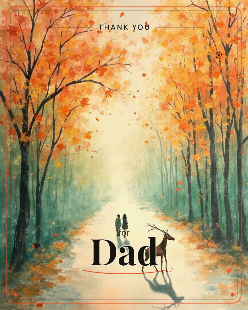 Two small figures stand together on a pale forest path, watching a deer pause nearby, while tall trees arch overhead in full autumn blaze, a thankyou e-card design