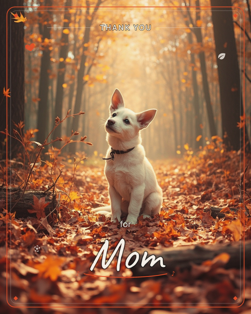 A white puppy with pointed ears sits alert on a forest path thick with fallen autumn leaves, gazing up into the hazy light, a thankyou e-card design