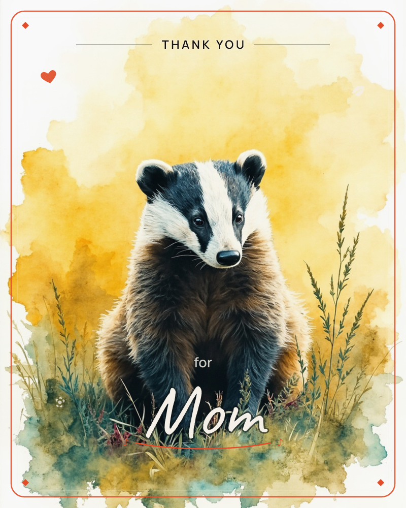 A watercolour badger sits upright amid tall grasses, its black-and-white striped face turned toward the viewer with a calm, watchful expression, a thankyou e-card design