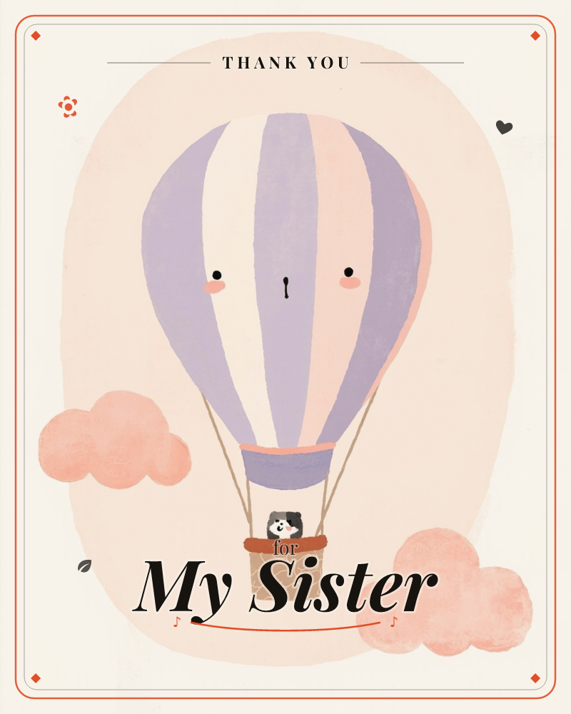 A striped hot air balloon with a sweet blushing face drifts against a soft peachy backdrop, a small dog peeking out of its woven basket below, a thankyou e-card design