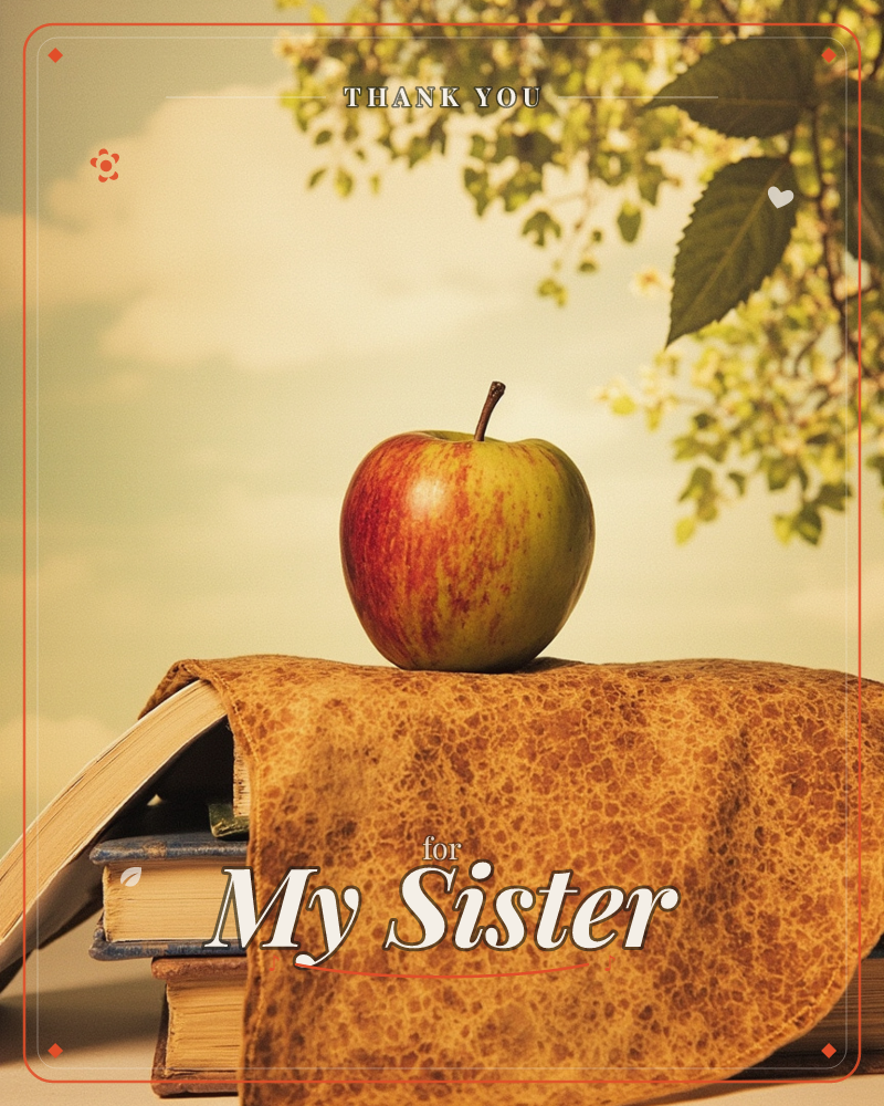 A red-and-green apple sits atop a stack of old, well-worn books draped with a textured mustard-gold cloth, set against a dreamy sky backdrop with soft…, a thankyou e-card design