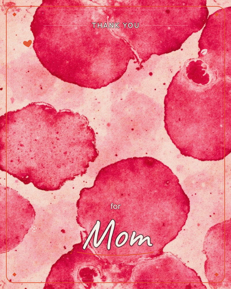 Overlapping blooms of magenta-red watercolour pool and bleed into a soft blush-pink ground, their edges feathering into pale rings and speckled blotches, a thankyou e-card design