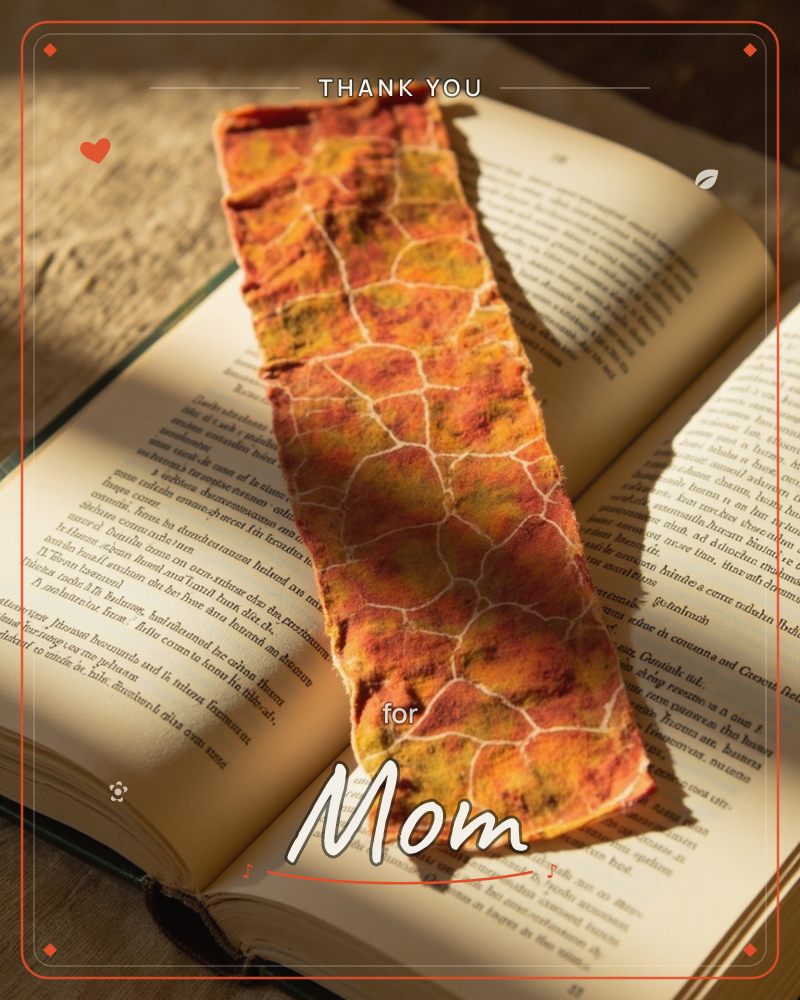 A hand-felted bookmark in mottled autumn shades of rust, ochre and gold rests diagonally across the open pages of a well-worn book, a thankyou e-card design