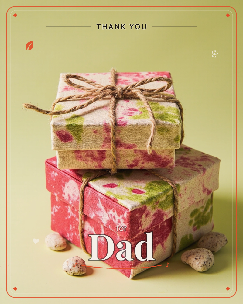 Two small square boxes are stacked on a soft yellow-green background, each wrapped in fabric splashed with pink and olive tie-dye patterning and tied…, a thankyou e-card design
