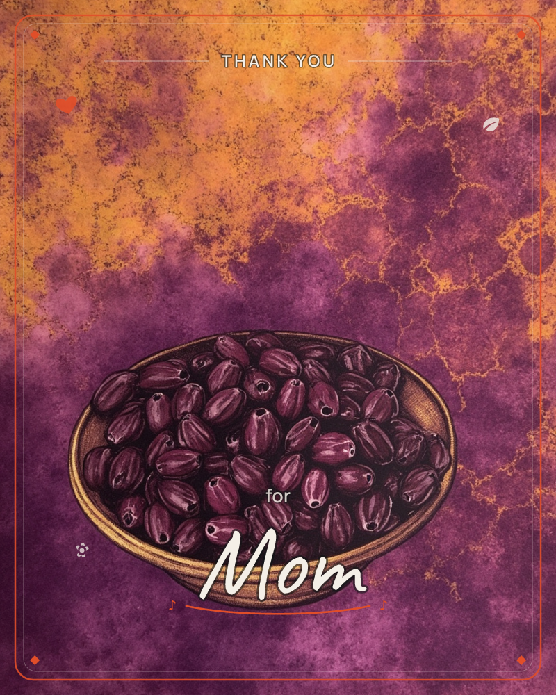 A shallow gold-rimmed bowl sits filled with dark plum-coloured seed pods or beans, each rendered with fine linework and tiny pale flecks of light, a thankyou e-card design