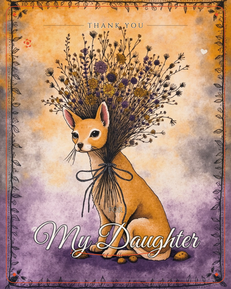 A whimsical fennec-eared fox sits with a tall spray of wildflowers tied around its neck like a bouquet gone rogue, sprigs of gold, mustard and violet…, a thankyou e-card design