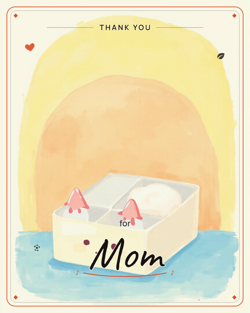 A cheerful cream-colored bento box with a sweet cartoon face sits on a blue tabletop, its compartments holding small red-topped condiment bottles and a…, a thankyou e-card design