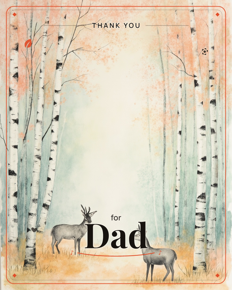 A grove of white birch trees lines both sides of a misty clearing, their tops brushed with peach-orange autumn color against a pale sky, a thankyou e-card design
