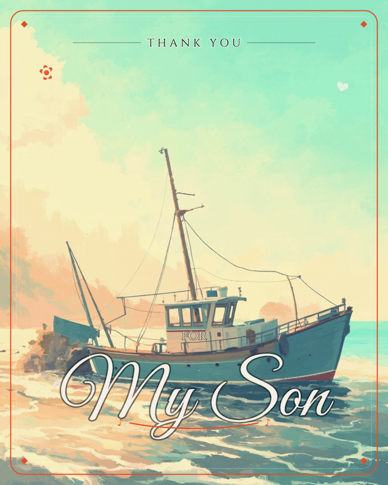 A weathered fishing boat drifts near a rocky outcrop as pale surf curls beneath its hull, set against a glowing sky where peach clouds meet turquoise, a thankyou e-card design