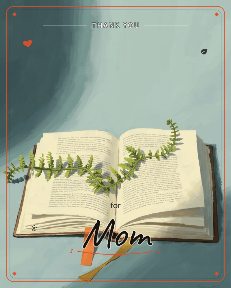 An open book lies against a soft teal backdrop, its pages catching a gentle wash of light, a thankyou e-card design