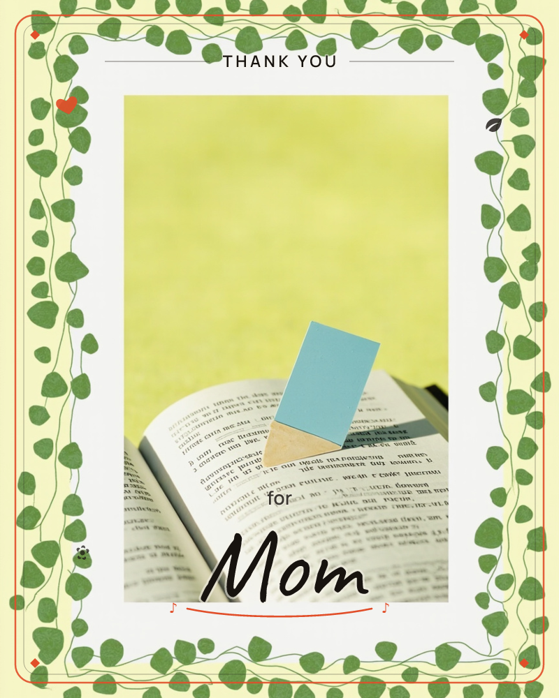 An open book lies against a soft chartreuse background, its pages filled with small printed text, with a plain blue rectangular card or bookmark…, a thankyou e-card design