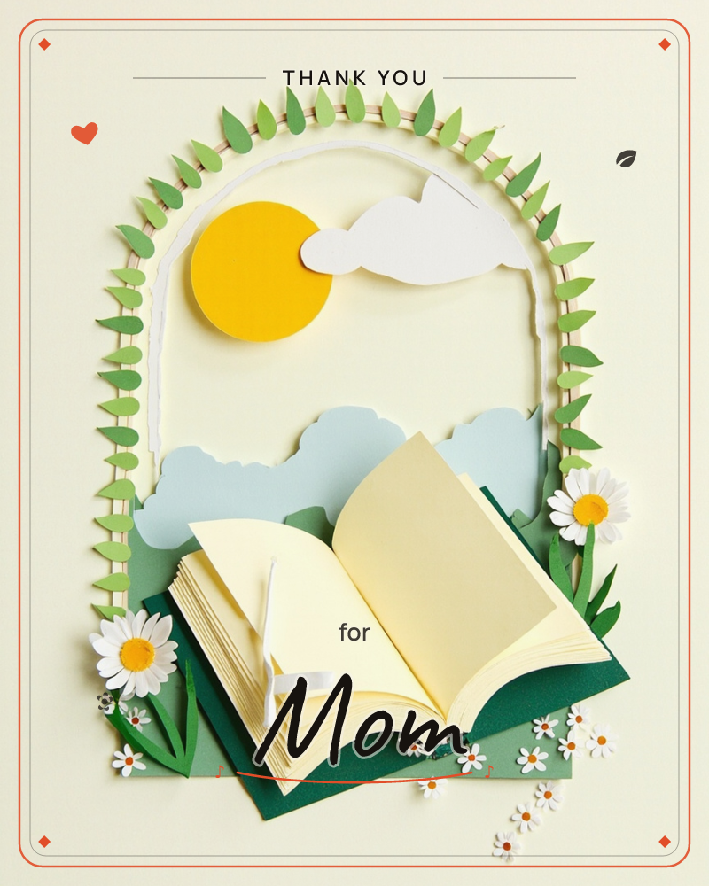 A paper-craft open book sits open with cream pages, resting on a dark green base, framed inside an arched leafy vine border, a thankyou e-card design