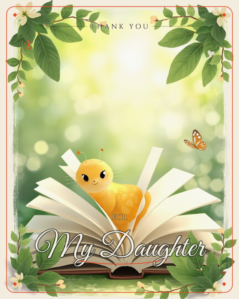 A whimsical golden creature, part cat and part caterpillar with tiny antennae, perches proudly on the fluttering pages of an open storybook, a thankyou e-card design