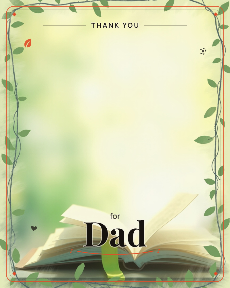 An open book with soft, fluttering pages rests at the bottom of a sunlit, hazy green background, its yellow ribbon bookmark trailing down, a thankyou e-card design