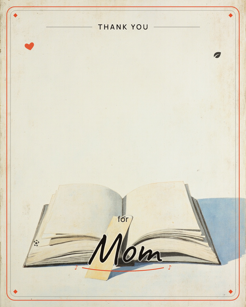 An open book rests low on the page, its blank cream pages fanned open with a plain yellow bookmark tucked between them, a thankyou e-card design