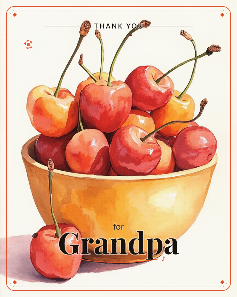 A mustard-yellow bowl brims with glossy cherries in shades of red and gold, their curling stems reaching upward like little flourishes, a thankyou e-card design