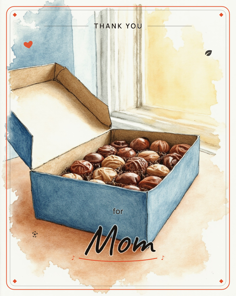 An open blue box of chocolate truffles sits on a warm terracotta floor, its lid tipped back to reveal rows of glossy, swirl-patterned chocolates…, a thankyou e-card design