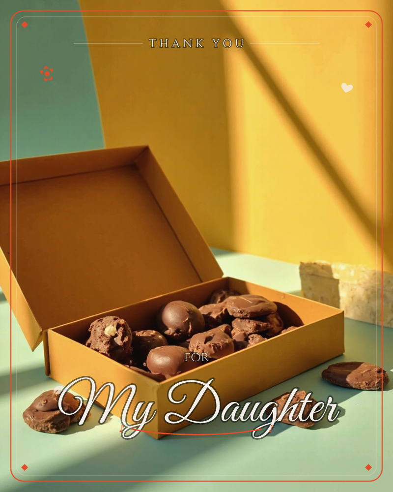 A mustard-yellow gift box sits open on a pale teal surface, filled with chunky chocolate pieces and clusters studded with nuts, a thankyou e-card design