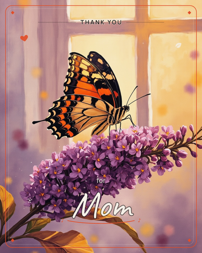 A monarch-patterned butterfly rests on a spray of lilac blossoms in front of a sunlit windowpane, a thankyou e-card design