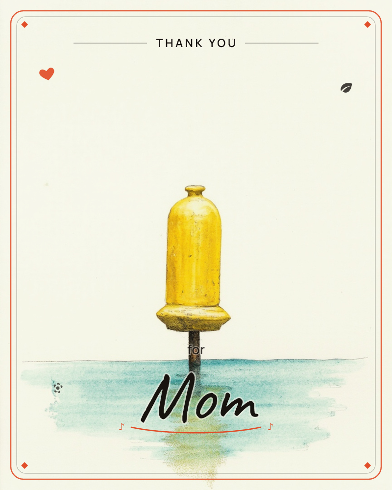 A single yellow channel buoy floats on a flat stretch of pale turquoise water, its bulbous shape and short post rendered in warm gold watercolour with…, a thankyou e-card design