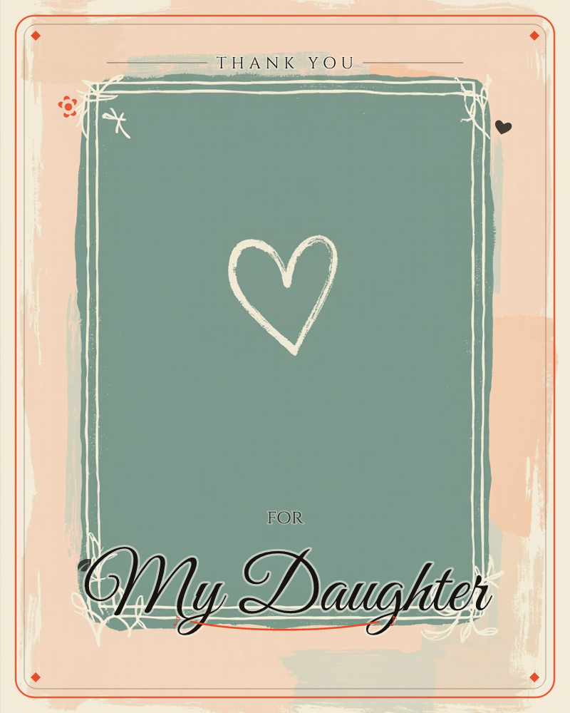 A simple hand-drawn heart sits centered on a sage-green panel, framed by a delicate double-line border with tiny sketched leaf sprigs at the corners, a thankyou e-card design