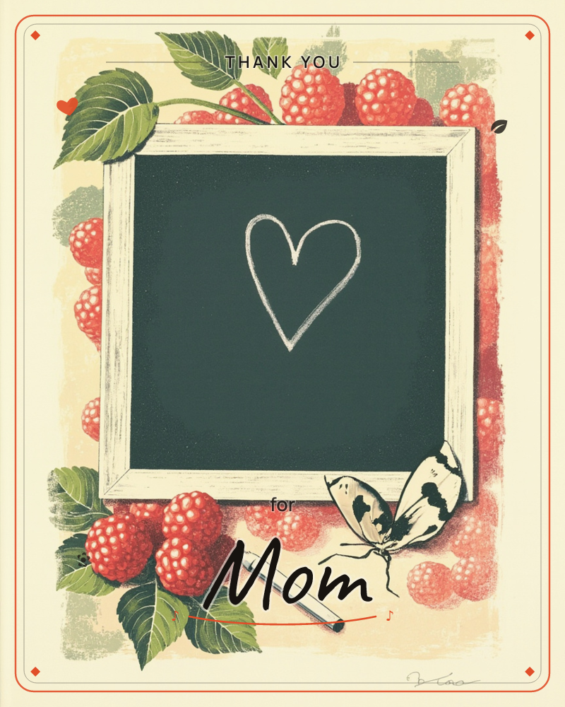 A small wood-framed chalkboard sits amid clusters of ripe raspberries and green leaves, a simple chalk heart drawn at its center with the stick of…, a thankyou e-card design