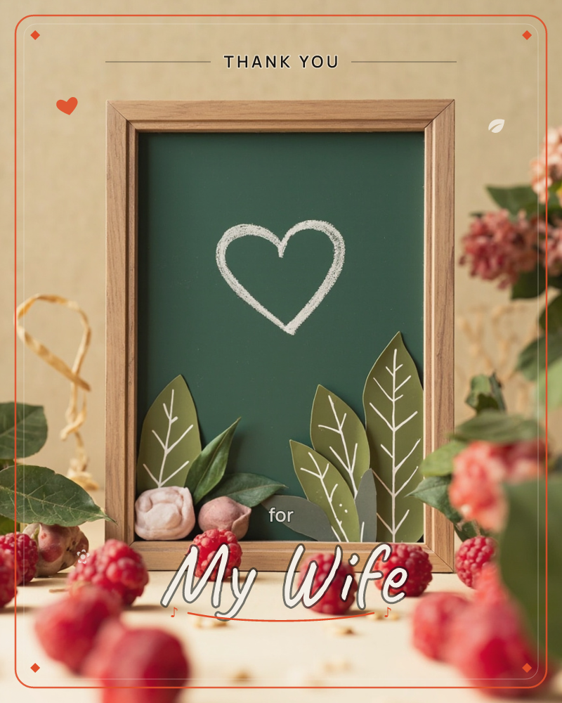 A wooden picture frame holds a dark green chalkboard panel with a simple heart drawn in white chalk, propped among paper leaves and dried buds, a thankyou e-card design