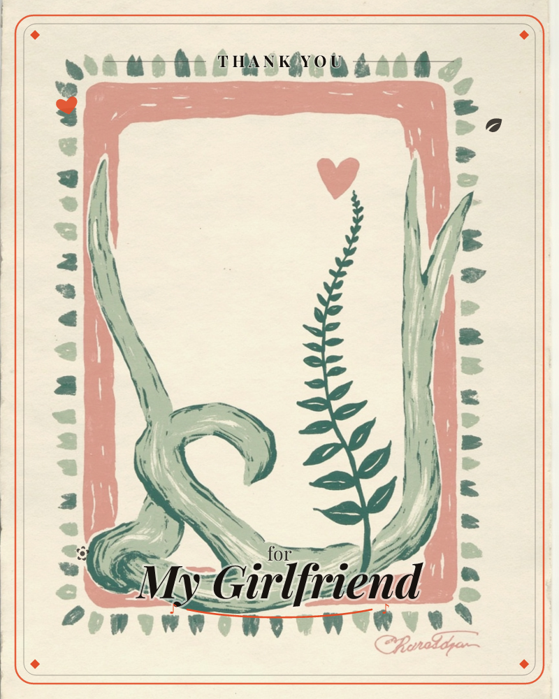 A pale sage-green vine curls and knots itself into a loose loop at the centre of the card, with a slender fern-like sprig rising through the middle…, a thankyou e-card design