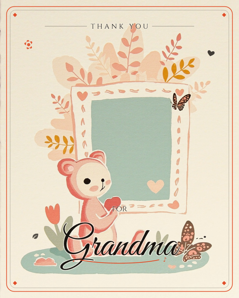 A pink teddy bear sits on a soft green patch of ground, holding a small red heart against its chest, framed by a tall blank picture frame decorated…, a thankyou e-card design