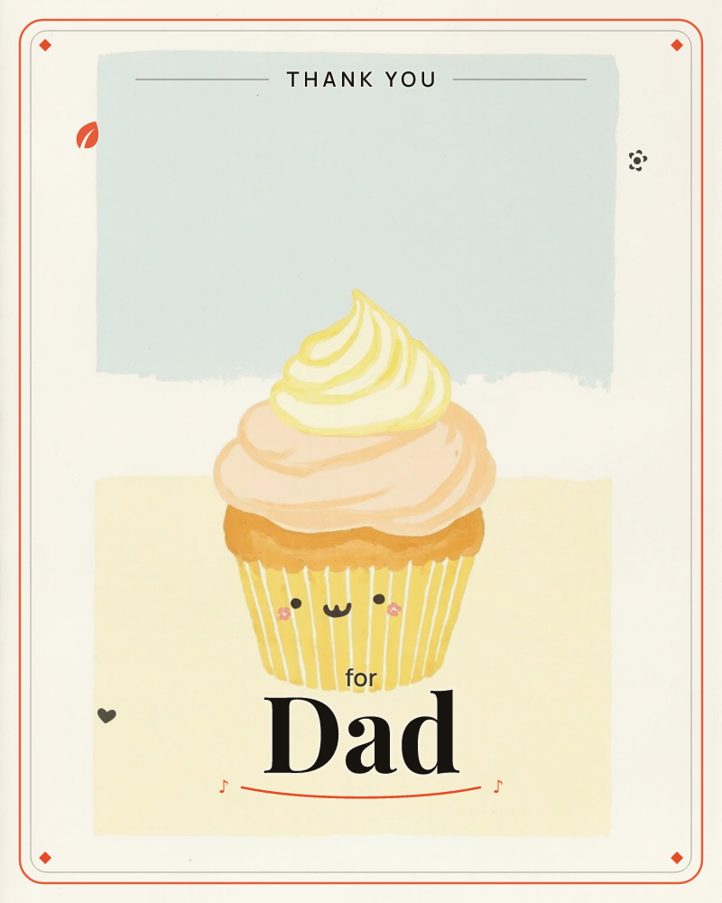 A cheerful cupcake with a smiling face and rosy cheeks sits centred against a soft painted backdrop of pale blue and buttery yellow blocks, a thankyou e-card design